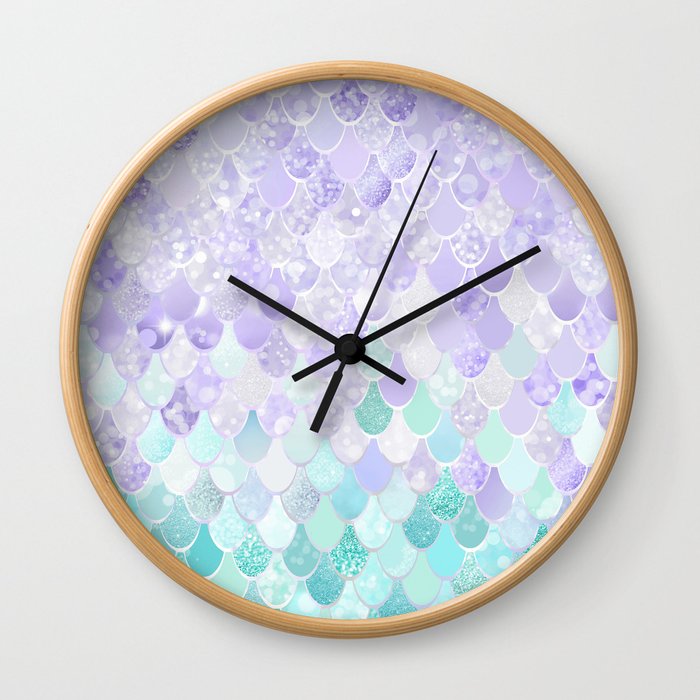 Cute, Mermaid Art, Aesthetic Purple and Teal Pattern Wall Clock