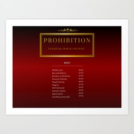 Oxblood two-tone red Prohibition Cocktail Bar and Lounge cocktail aperitif alcoholic beverages bar menu and price list portrait in gold motif vintage poster Art Print