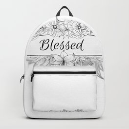 "Blessed" Black White Floral Flower Bouquet Script Quote Inspiration, Christian Bible  Backpack