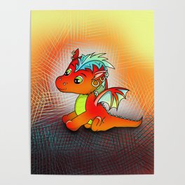 Kawaii baby orange dragon with punk hair Poster