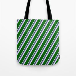 [ Thumbnail: Purple, Lavender & Dark Green Colored Pattern of Stripes Tote Bag ]