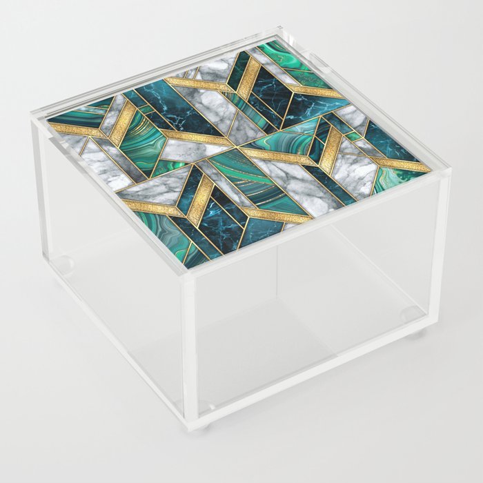 Art Deco Jewel Green + Gold Marble Geometry Acrylic Box