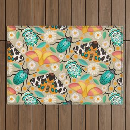 Delightful Bugs And Doodled Daisies on Beige Outdoor Rug