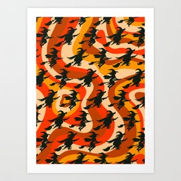 Flying Witches on Groovy Pattern Art Print