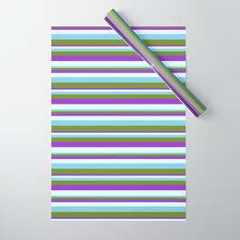[ Thumbnail: Sky Blue, Green, Dark Orchid, and Light Cyan Colored Striped Pattern Wrapping Paper ]