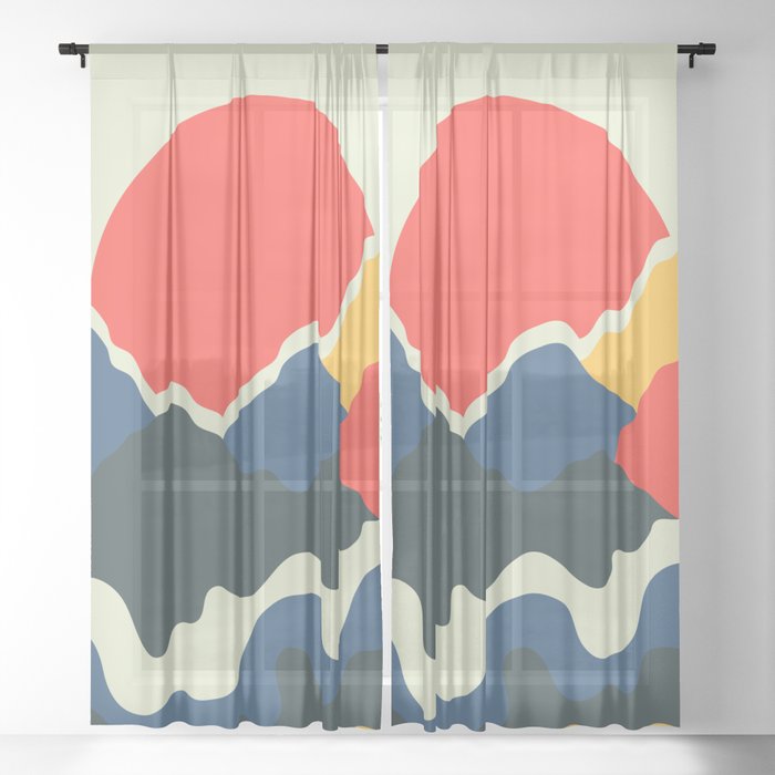 Vintage Retro 50s and 60s Color Palette Mid-Century Minimalist Nature Waves, Mountains and Sun Sheer Curtain