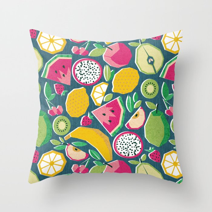 Paper cut geo fruits // teal background multicoloured geometric fruits Throw Pillow