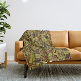 Crow & Dragonfly Floral in Retro Olive Green & Orange Throw Blanket