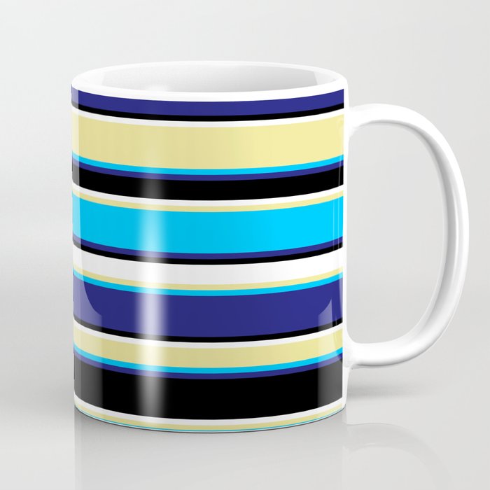 Tan, Deep Sky Blue, Midnight Blue, Black & White Colored Lines Pattern Coffee Mug