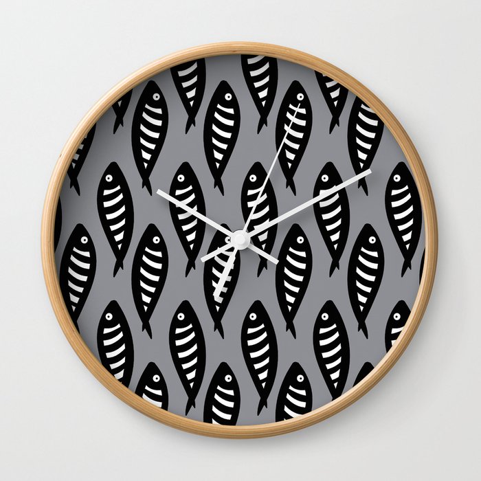 Abstract black and white fish pattern Pale blue Wall Clock