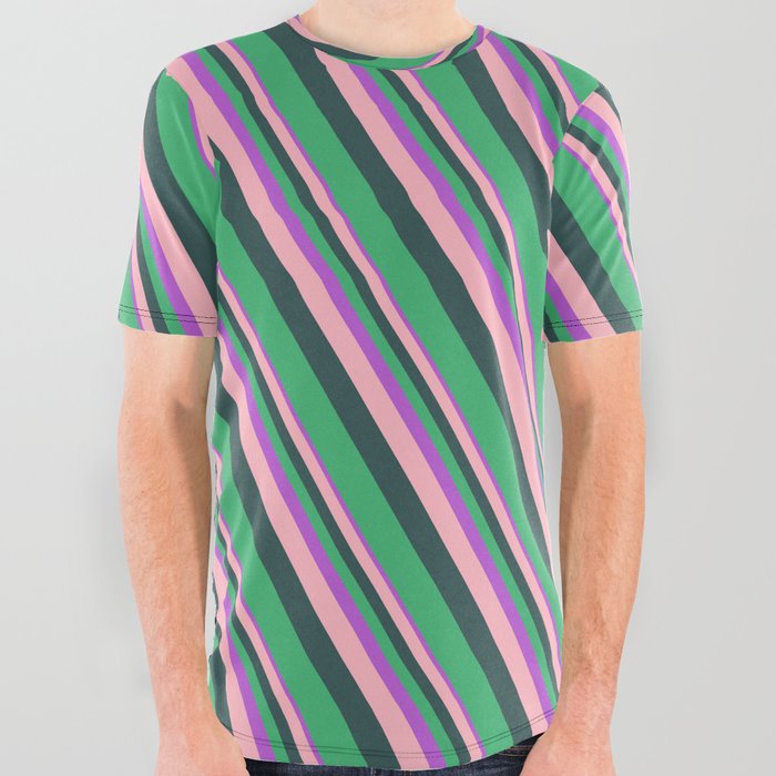 Orchid, Light Pink, Dark Slate Gray, and Sea Green Colored Lines/Stripes Pattern All Over Graphic Tee