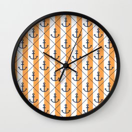 Navy Blue Anchor Pattern on White and Bright Orange Wall Clock