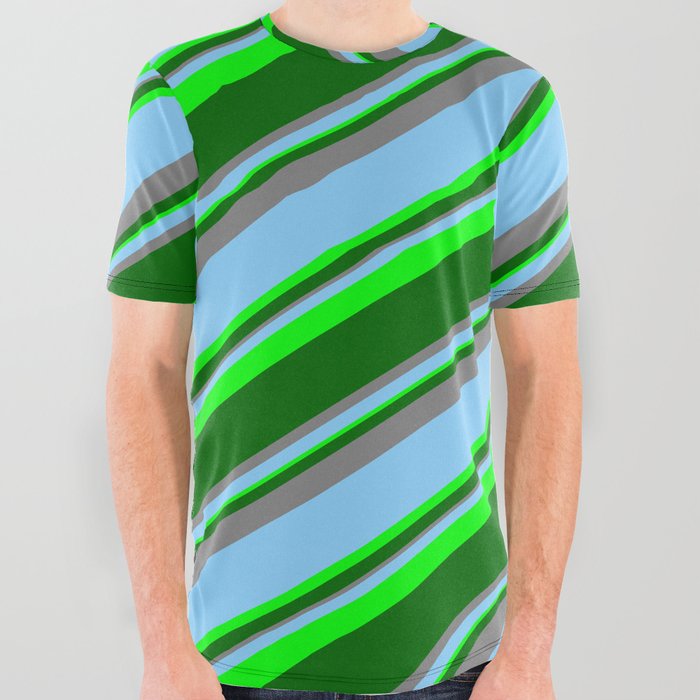 Light Sky Blue, Lime, Dark Green & Grey Colored Striped Pattern All Over Graphic Tee