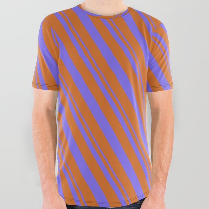 Medium Slate Blue and Chocolate Colored Pattern of Stripes All Over Graphic Tee