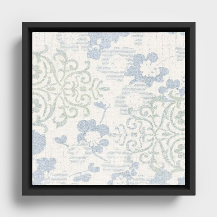 Floral Glam Damask Distressed Ivory / Blue Framed Canvas