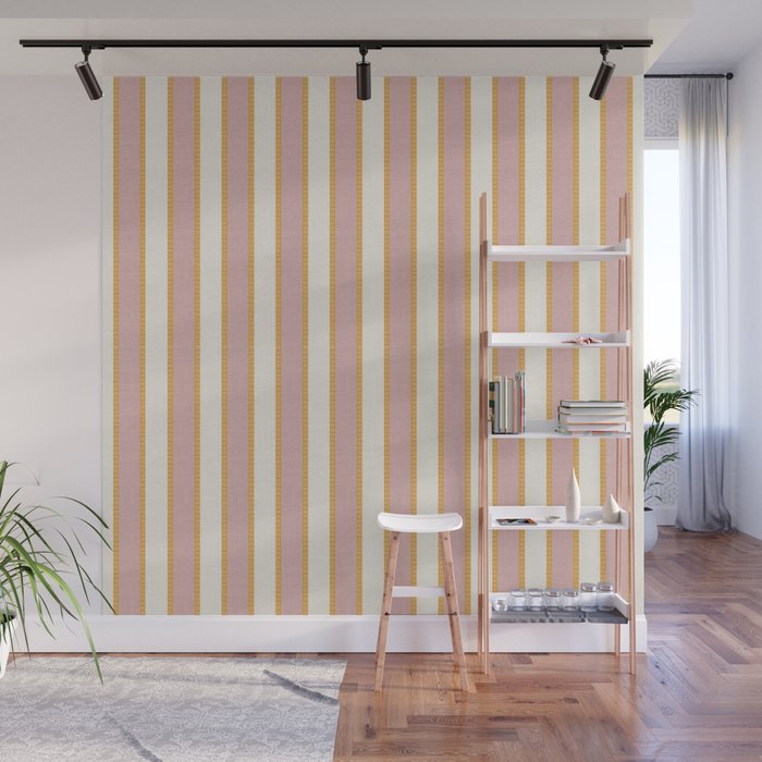 Pastel Pink And Gold Braid Cabana Stripes On Off-White Cream Vintage Aesthetic Wall Mural