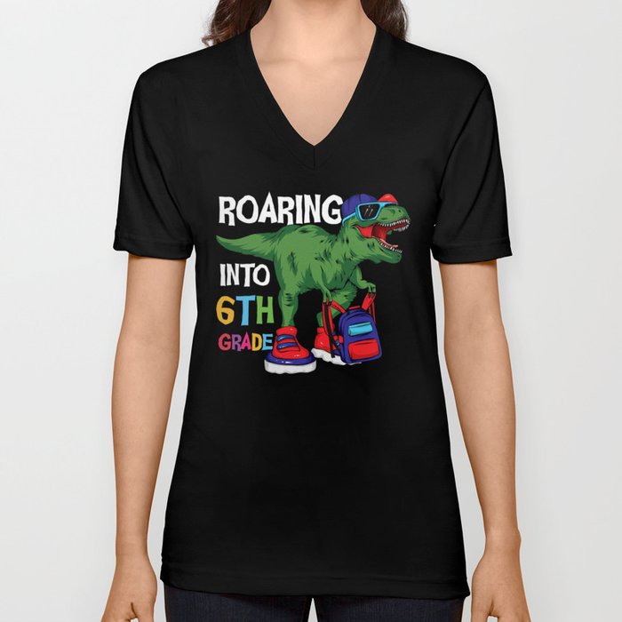 Roaring Into 6th Grade Student Dinosaur V Neck T Shirt