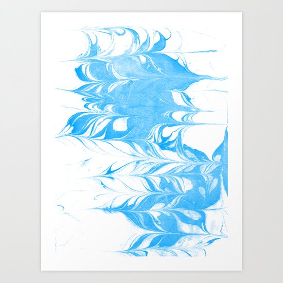 Suminagashi blue and white 1 marble spilled ink ocean swirl watercolor painting Art Print