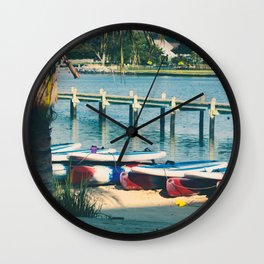 Kayaks by the Pier - Rehoboth Bay Wall Clock | Travel, Delaware, Sunny, Palm, Deweybeach, Boat, Resort, Water, Tropical, Warm 