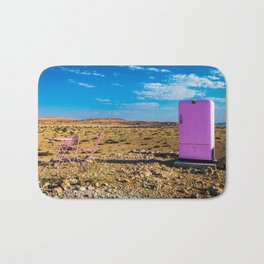 Refreshments Pit Stop In The Middle Of Nowhere Bath Mat | Sand, Chair, Desert, Vintage, Remote, Grass, Arid, Photo, Fridge, Cloud 