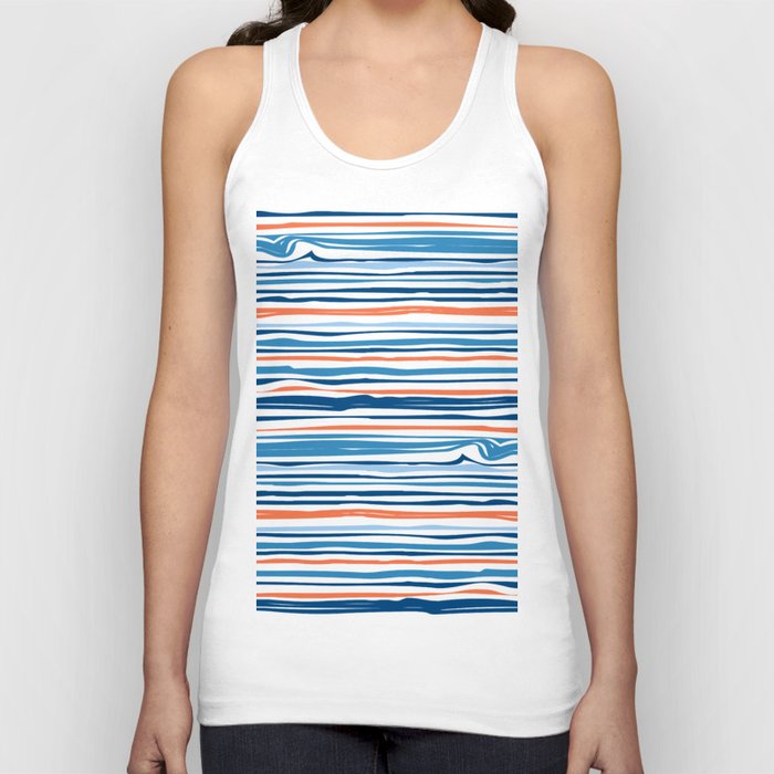 Modern Abstract Ocean Wave Stripes in Classic Blues and Orange Tank Top