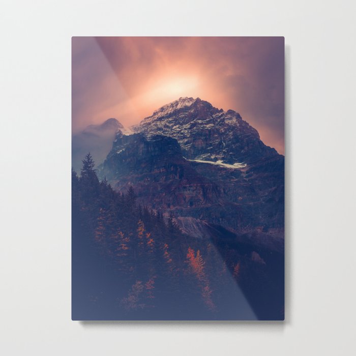 Beautiful Mountain Snow Capped landscape With Green Pine Trees Glowing pink Sunset Behind It Metal Print