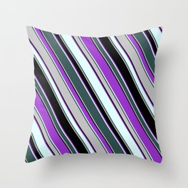 [ Thumbnail: Dark Orchid, Light Cyan, Dark Slate Gray, Grey, and Black Colored Lines Pattern Throw Pillow ]