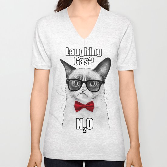 Grumpy Chemistry Cat Geek Science Meme Whimsical Animals in Glasses Unisex V-Neck