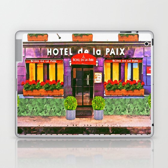 Paris Hotel De La Paix colorful street scene watercolor portrait painting with flower boxes Laptop & iPad Skin