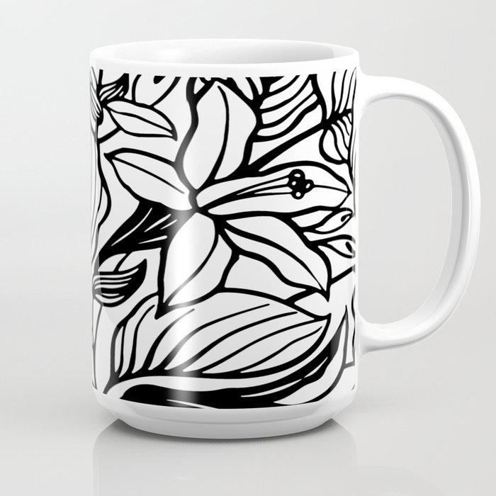 White And Black Floral Minimalist Line Drawing Coffee Mug