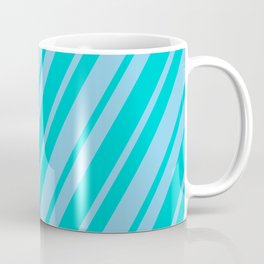 [ Thumbnail: Dark Turquoise & Sky Blue Colored Striped Pattern Coffee Mug ]