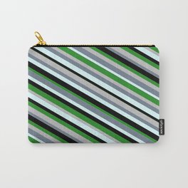 [ Thumbnail: Eye-catching Forest Green, Grey, Slate Gray, Light Cyan & Black Colored Lined/Striped Pattern Carry-All Pouch ]