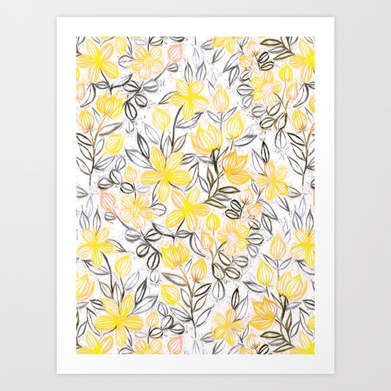 Sunny Yellow Crayon Striped Summer Floral Art Print