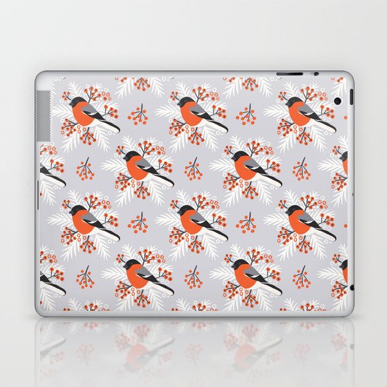 Red Winter Birds with Berries - Bullfinch & Rowan - Light Grey Background Laptop & iPad Skin