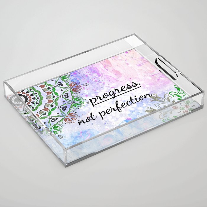 Progress, not perfection! Inspirational quote and affirmation with mandala frame Acrylic Tray