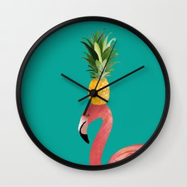 Flamingo Vibes |Tropical Pink Bird Pineapple on Head| Renee Davis Wall Clock