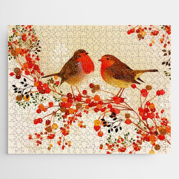 Red Gold Winter Birds Holly Berry Branches Watercolor Jigsaw Puzzle