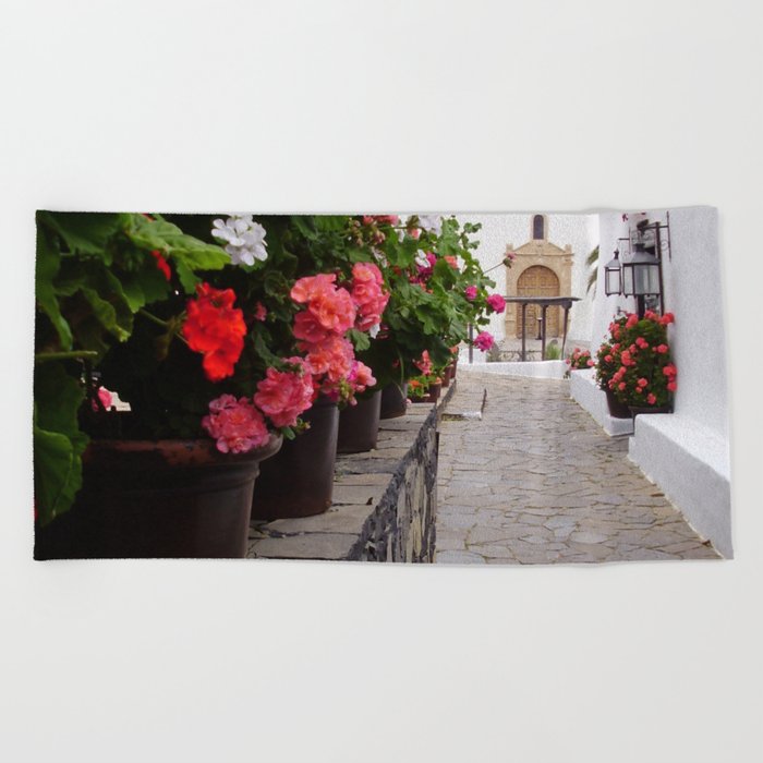 Spain Photography - Street Filled With Wonderful Flowers Beach Towel