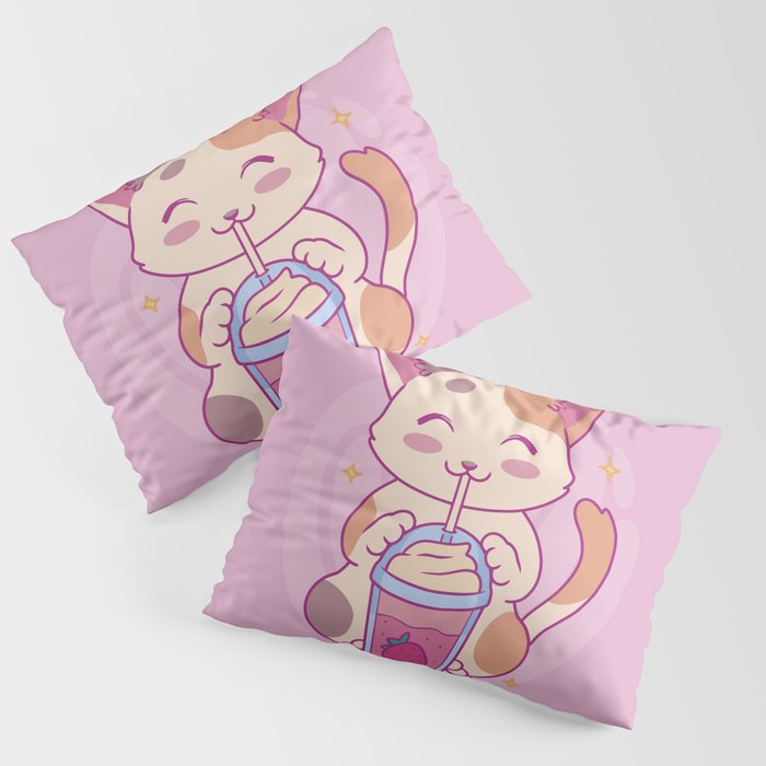 Neko Cat Strawberry Tea Milkshake | Japanese Anime Kawaii Pillow Sham
