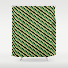 [ Thumbnail: Dark Khaki, Black & Sea Green Colored Lines Pattern Shower Curtain ]