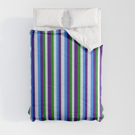 [ Thumbnail: Blue, Lavender, Green, and Indigo Colored Pattern of Stripes Comforter ]