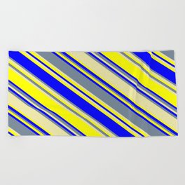 [ Thumbnail: Light Slate Gray, Pale Goldenrod, Yellow, and Blue Colored Striped Pattern Beach Towel ]