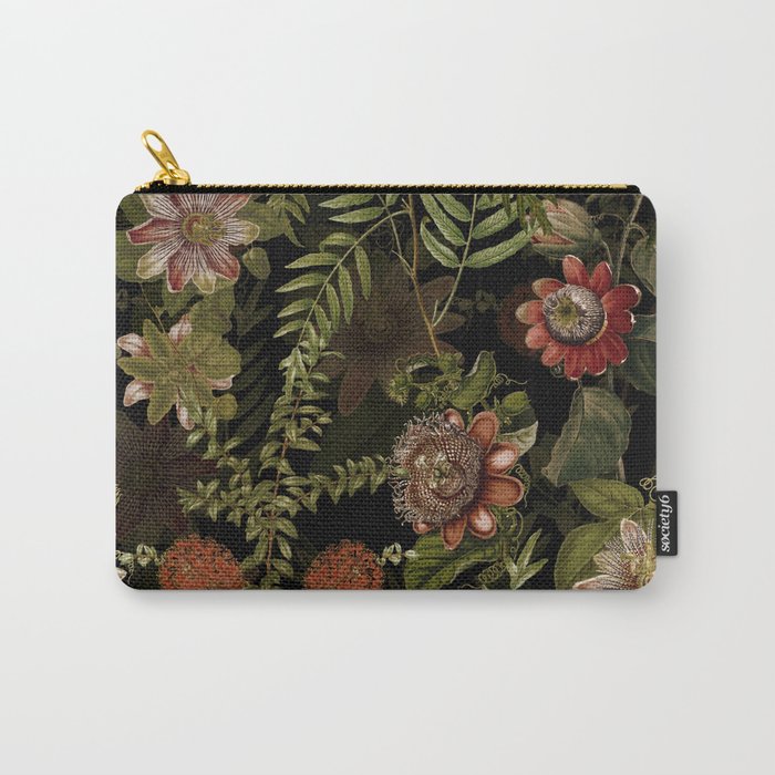 Midnight Summer Sepia Exotic Passiflora Flowers Garden Carry-All Pouch | Painting, Watercolor, Pattern, Vintage, Passiflora, Night, Exotic, Black, Garden, Flowers