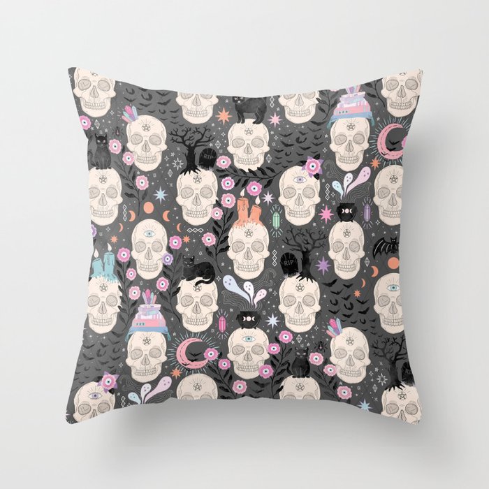 Skulls with cats, bats, and witchy things - halloween, grey Throw Pillow