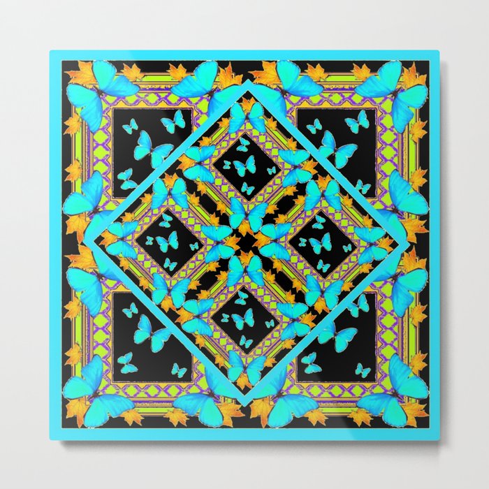 Decorative Western Style Turquoise Butterflies  Black Gold Patterns Metal Print