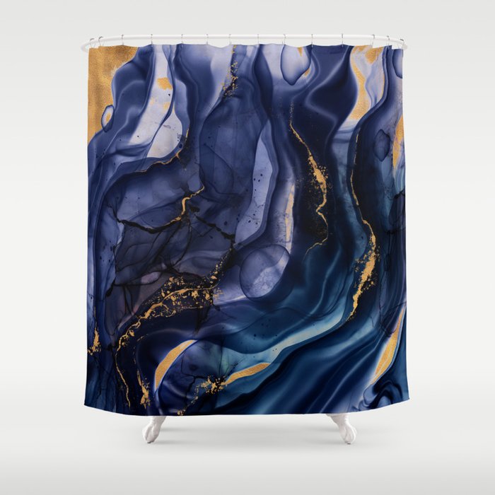 Midnight Dark Blue Marble Alcohol Ink Marble Art Flashes Shower Curtain