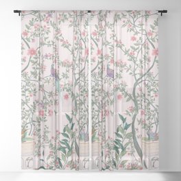 Chinoiserie Blush Pink Fresco Floral Garden Birds Oriental Botanical Sheer Curtain