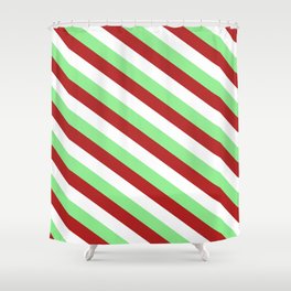 [ Thumbnail: Light Green, Red, and White Colored Pattern of Stripes Shower Curtain ]