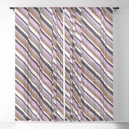 [ Thumbnail: Eyecatching Plum, Grey, Brown, White & Black Colored Striped/Lined Pattern Sheer Curtain ]