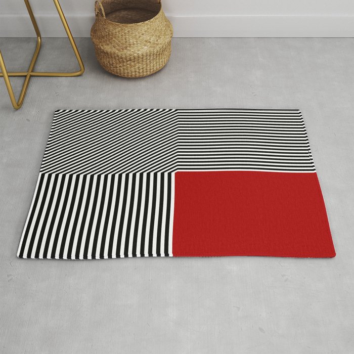 Geometric abstraction, black and white stripes, red square Rug